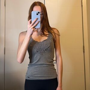 Gray Lace Trim Ribbed Tank Top